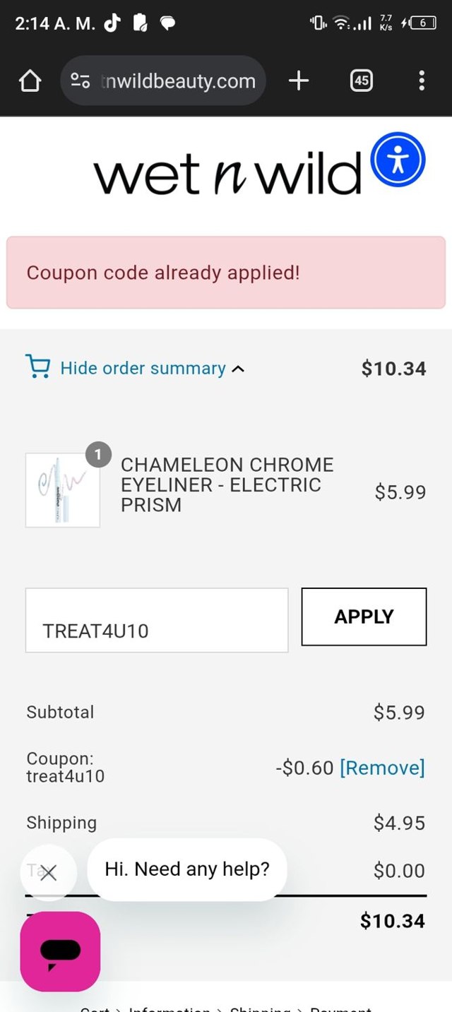 Wet n Wild checkout page showing Wet n Wild promo code box | Screenshot taken by SimplyCodes community member on Apr 16, 2025