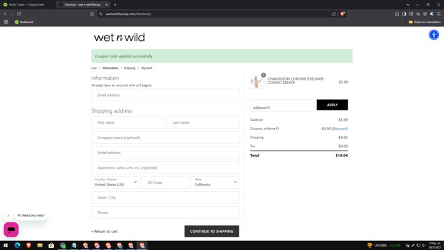 Wet n Wild checkout page showing Wet n Wild promo code box | Screenshot taken by SimplyCodes community member on Mar 28, 2025