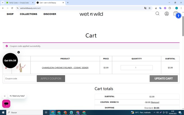 Wet n Wild checkout page showing Wet n Wild promo code box | Screenshot taken by SimplyCodes community member on Apr 3, 2025