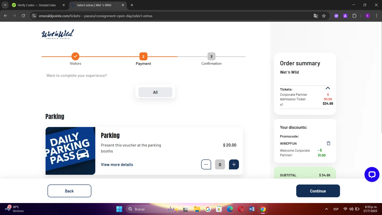 Wet 'n Wild Emerald Pointe promo code screenshot showing code WWEPFUN applied at Wet 'n Wild Emerald Pointe checkout page. Uploaded by SimplyCodes community member Elenita on Jul 17, 2025