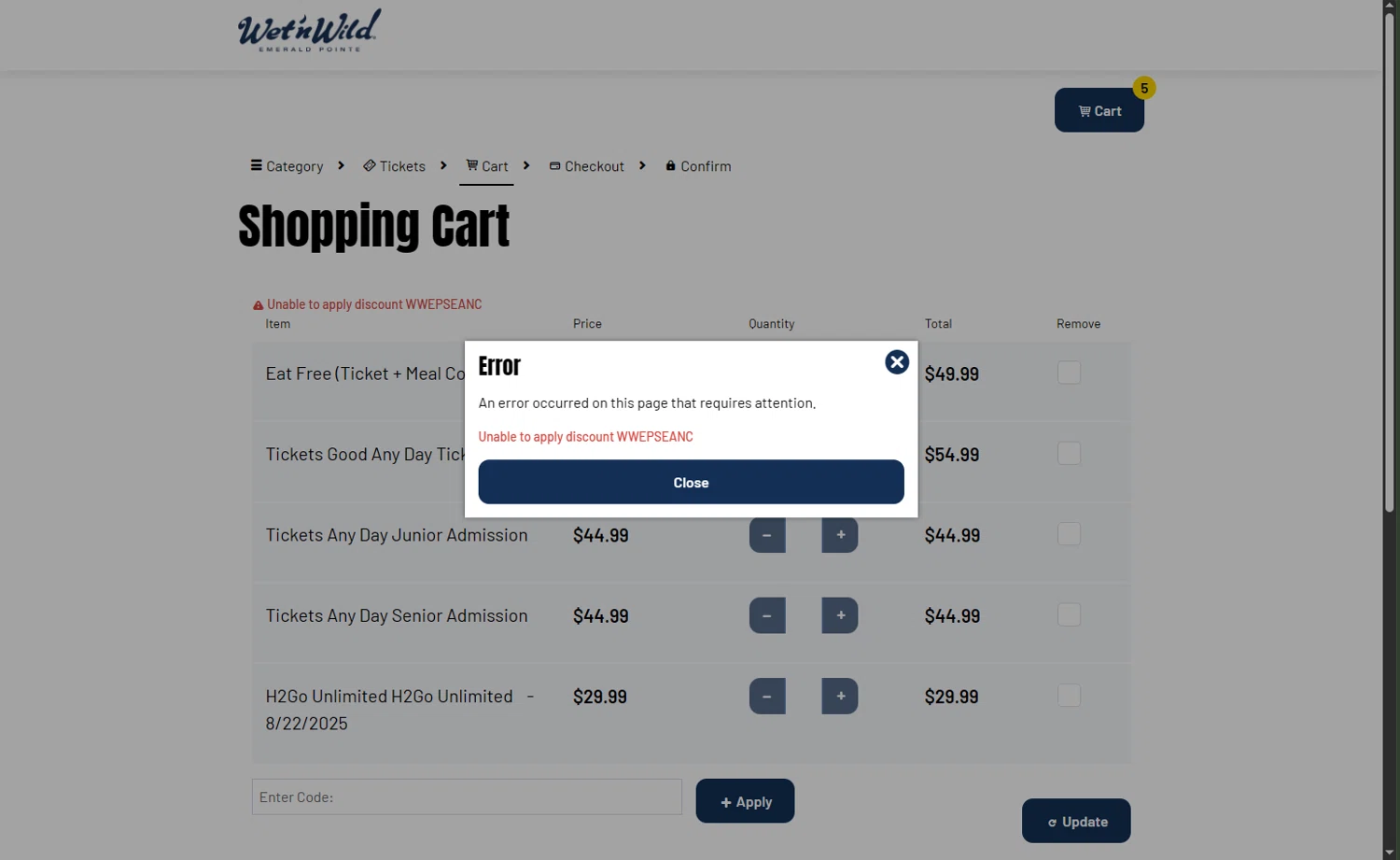 Wet 'n Wild Emerald Pointe promo code screenshot showing code WWEPSEANC applied at Wet 'n Wild Emerald Pointe checkout page. Uploaded by SimplyCodes community member RamonAlexander on Aug 3, 2025