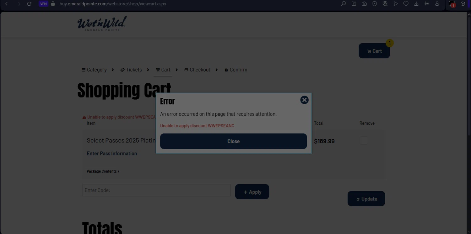 Wet 'n Wild Emerald Pointe promo code screenshot showing code WWEPSEANC applied at Wet 'n Wild Emerald Pointe checkout page. Uploaded by SimplyCodes community member WonderSpotter5339 on Aug 3, 2025