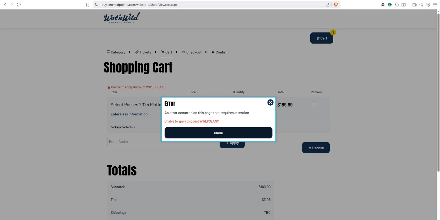 Wet 'n Wild Emerald Pointe promo code screenshot showing code WWEPSEANC applied at Wet 'n Wild Emerald Pointe checkout page. Uploaded by SimplyCodes community member dayselis15 on Aug 3, 2025
