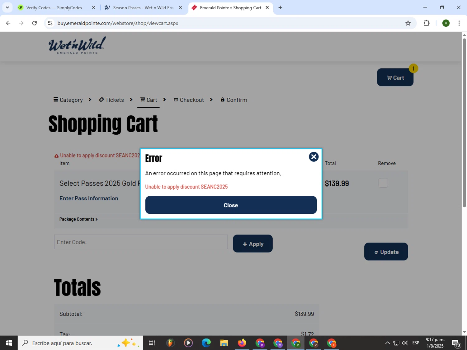 Wet 'n Wild Emerald Pointe promo code screenshot showing code SEANC2025 applied at Wet 'n Wild Emerald Pointe checkout page. Uploaded by SimplyCodes community member PrimeWizard4168 on Aug 2, 2025