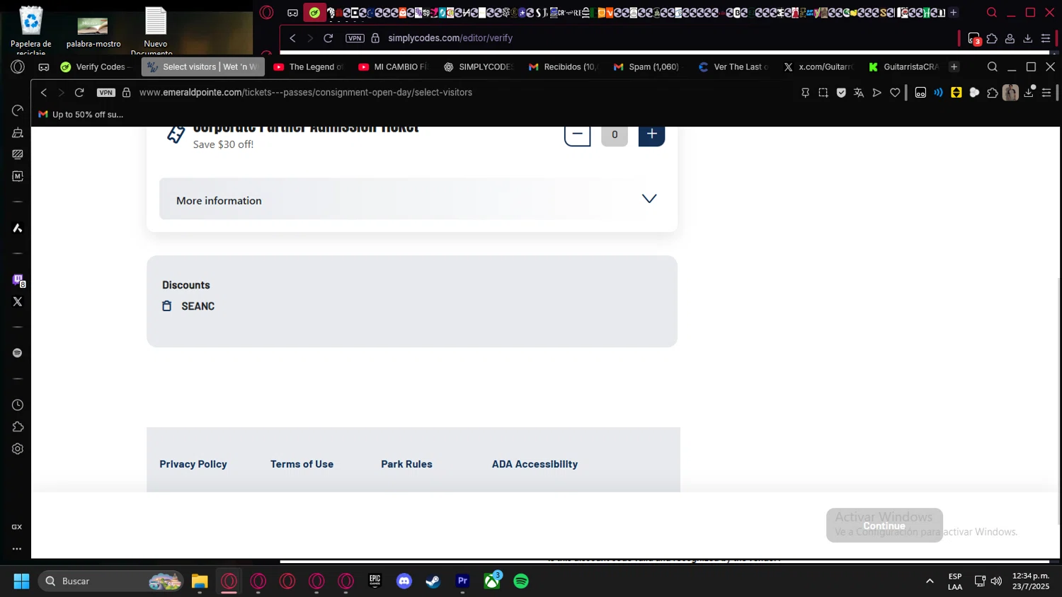 Wet 'n Wild Emerald Pointe promo code screenshot showing code SEANC2025 applied at Wet 'n Wild Emerald Pointe checkout page. Uploaded by SimplyCodes community member kurcovein on Jul 23, 2025