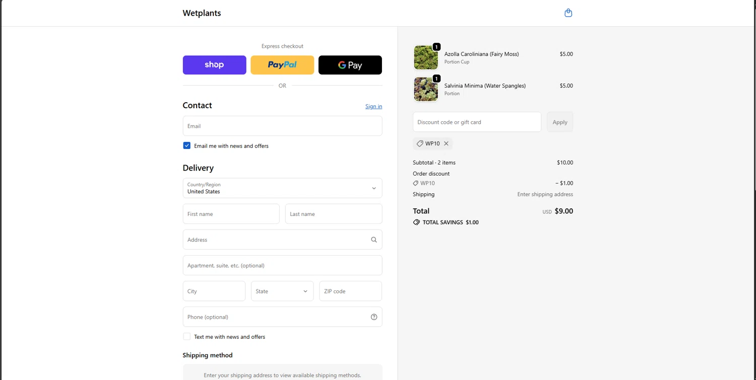 Wetplants coupon code screenshot showing code WP10 applied at Wetplants checkout page. Uploaded by SimplyCodes community member brrrrr on Oct 6, 2025