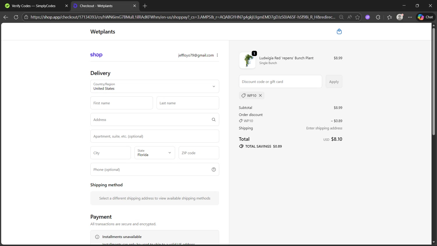 Wetplants coupon code screenshot showing code WP10 applied at Wetplants checkout page. Uploaded by SimplyCodes community member MightyHunter5940 on Dec 22, 2025