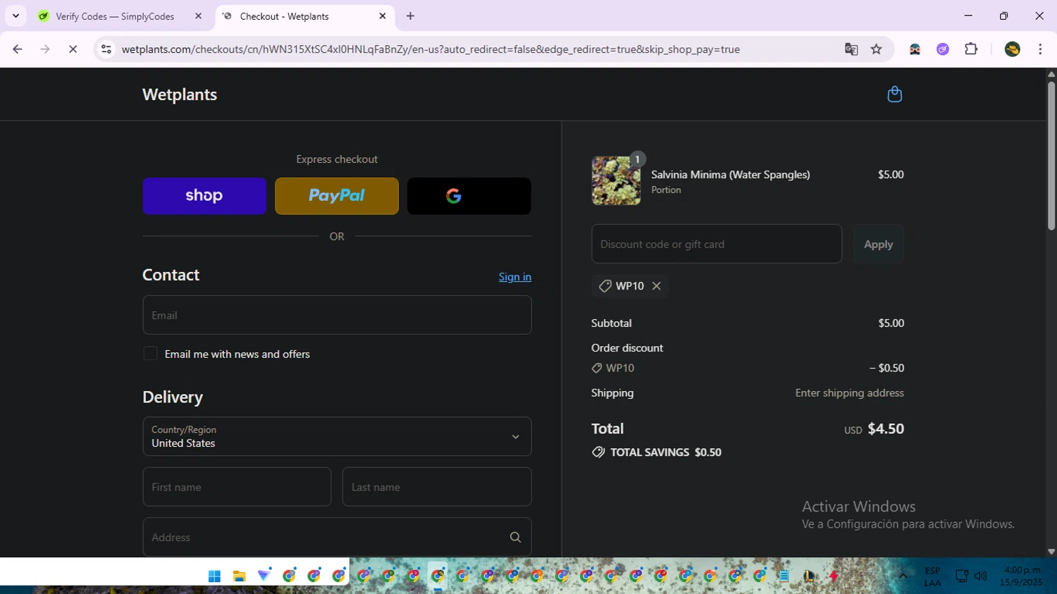 Wetplants coupon code screenshot showing code WP10 applied at Wetplants checkout page. Uploaded by SimplyCodes community member RewardNavigator9728 on Sep 15, 2025