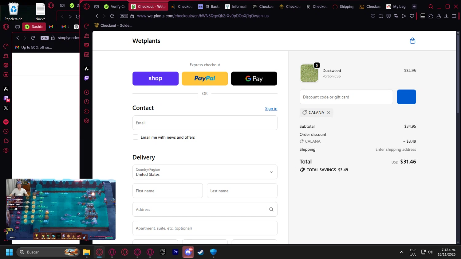 Wetplants coupon code screenshot showing code CALANA applied at Wetplants checkout page. Uploaded by SimplyCodes community member Billyyou on Nov 18, 2025