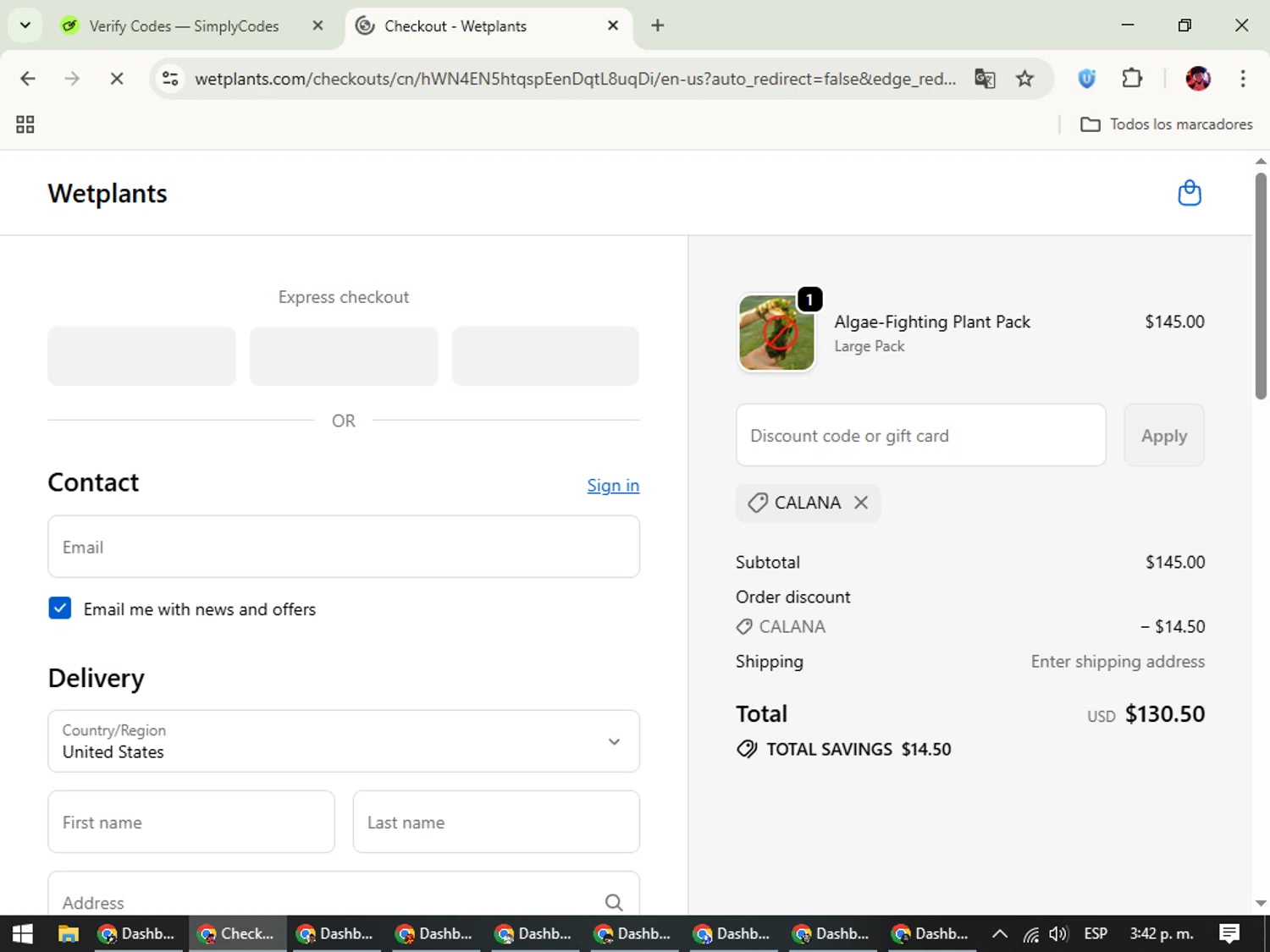 Wetplants coupon code screenshot showing code CALANA applied at Wetplants checkout page. Uploaded by SimplyCodes community member SavingsEagle5772 on Oct 17, 2025