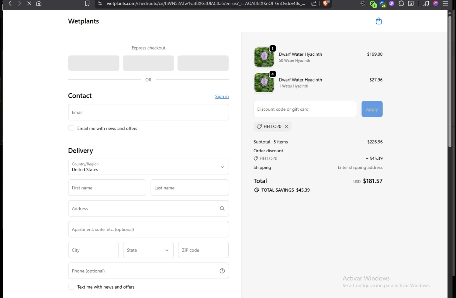 Wetplants coupon code screenshot showing code HELLO20 applied at Wetplants checkout page. Uploaded by SimplyCodes community member Jmhernand1 on Nov 7, 2025