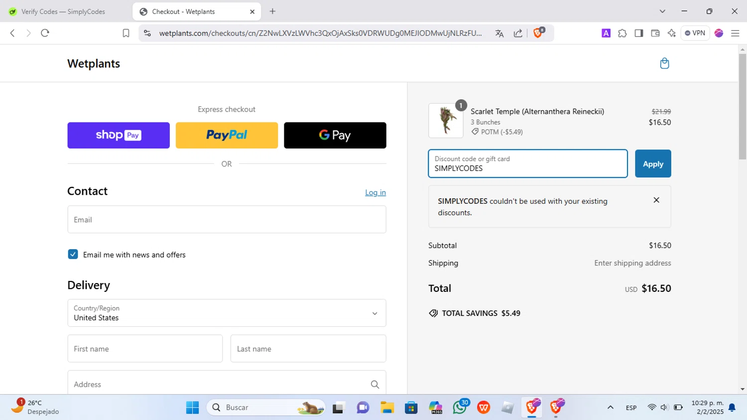 Wetplants coupon code screenshot showing code SIMPLYCODES applied at Wetplants checkout page. Uploaded by SimplyCodes community member Scottcawthon on Feb 3, 2025