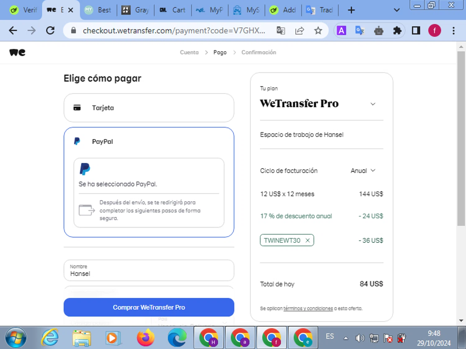 where to use WeTransfer promo code box
