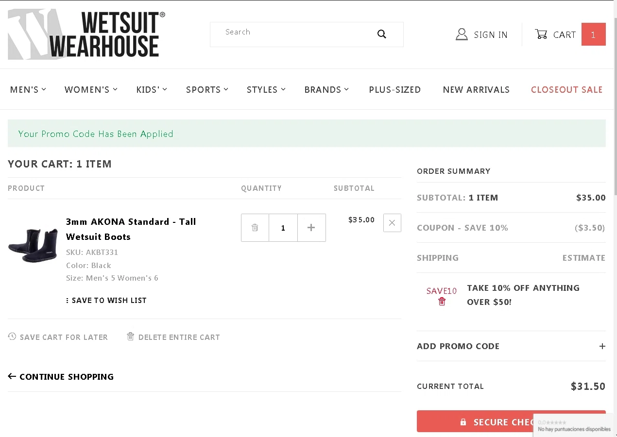 Wetsuit Wearhouse checkout page showing Wetsuit Wearhouse promo code box | Screenshot taken by SimplyCodes community member on Mar 3, 2021