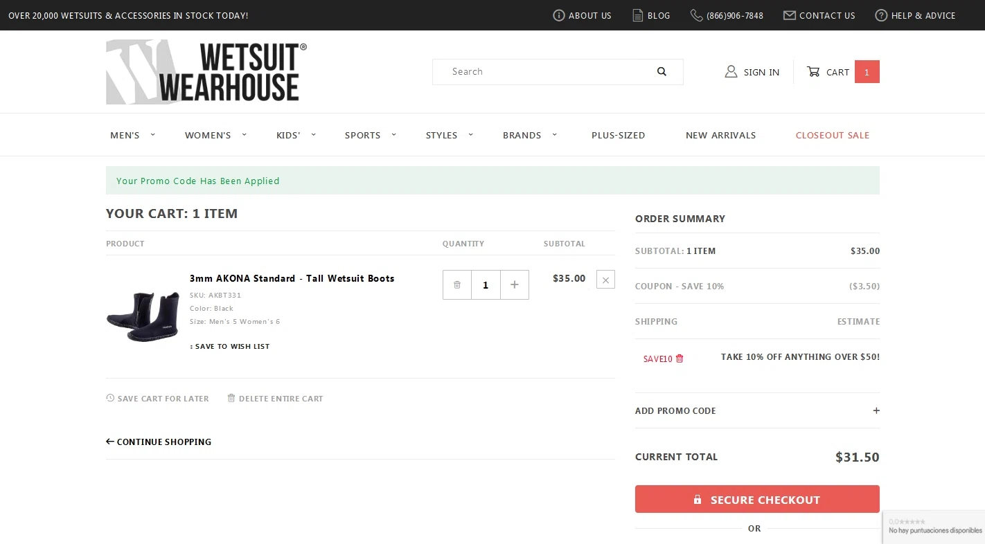 Wetsuit Wearhouse checkout page showing Wetsuit Wearhouse promo code box | Screenshot taken by SimplyCodes community member on Feb 11, 2021