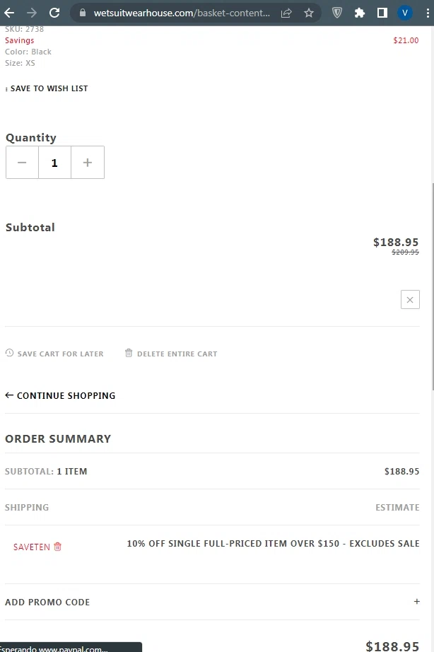Wetsuit Wearhouse checkout page showing Wetsuit Wearhouse promo code box | Screenshot taken by SimplyCodes community member on Apr 24, 2022