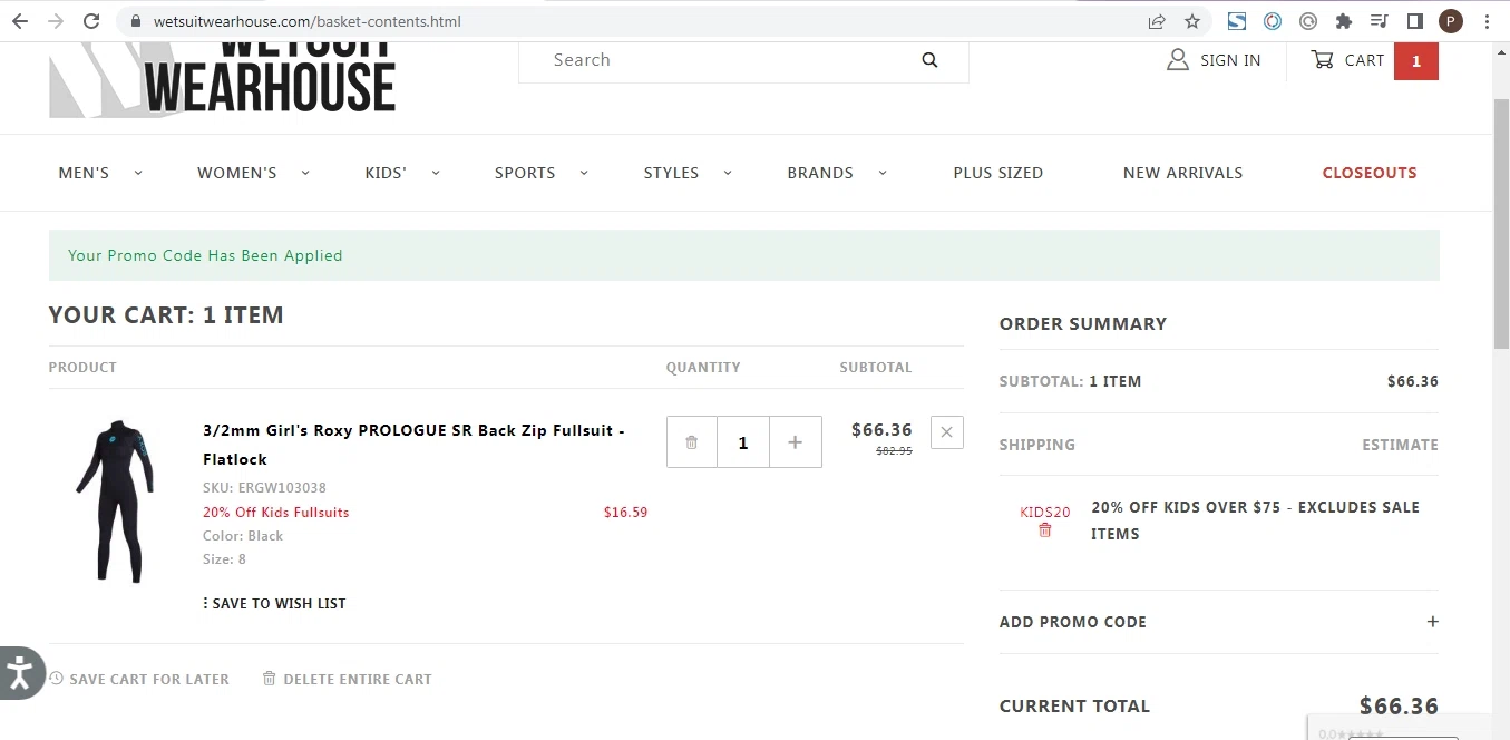 Wetsuit Wearhouse checkout page showing Wetsuit Wearhouse promo code box | Screenshot taken by SimplyCodes community member on Jan 20, 2023
