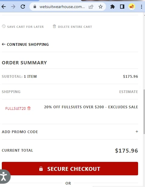 Wetsuit Wearhouse checkout page showing Wetsuit Wearhouse promo code box | Screenshot taken by SimplyCodes community member on Aug 5, 2022