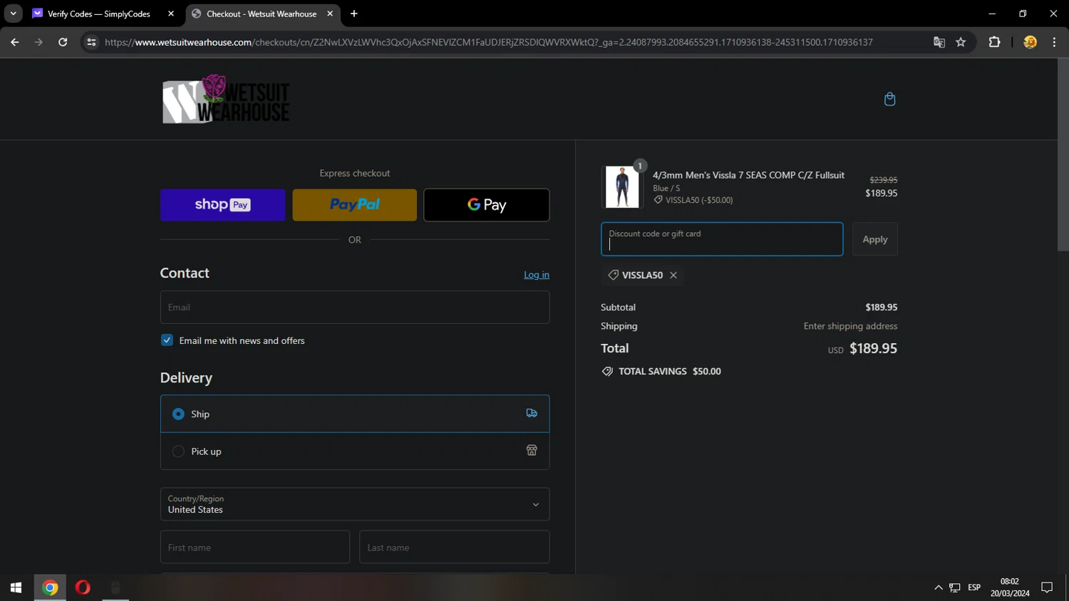 Wetsuit Wearhouse checkout page showing Wetsuit Wearhouse promo code box | Screenshot taken by SimplyCodes community member on Mar 20, 2024
