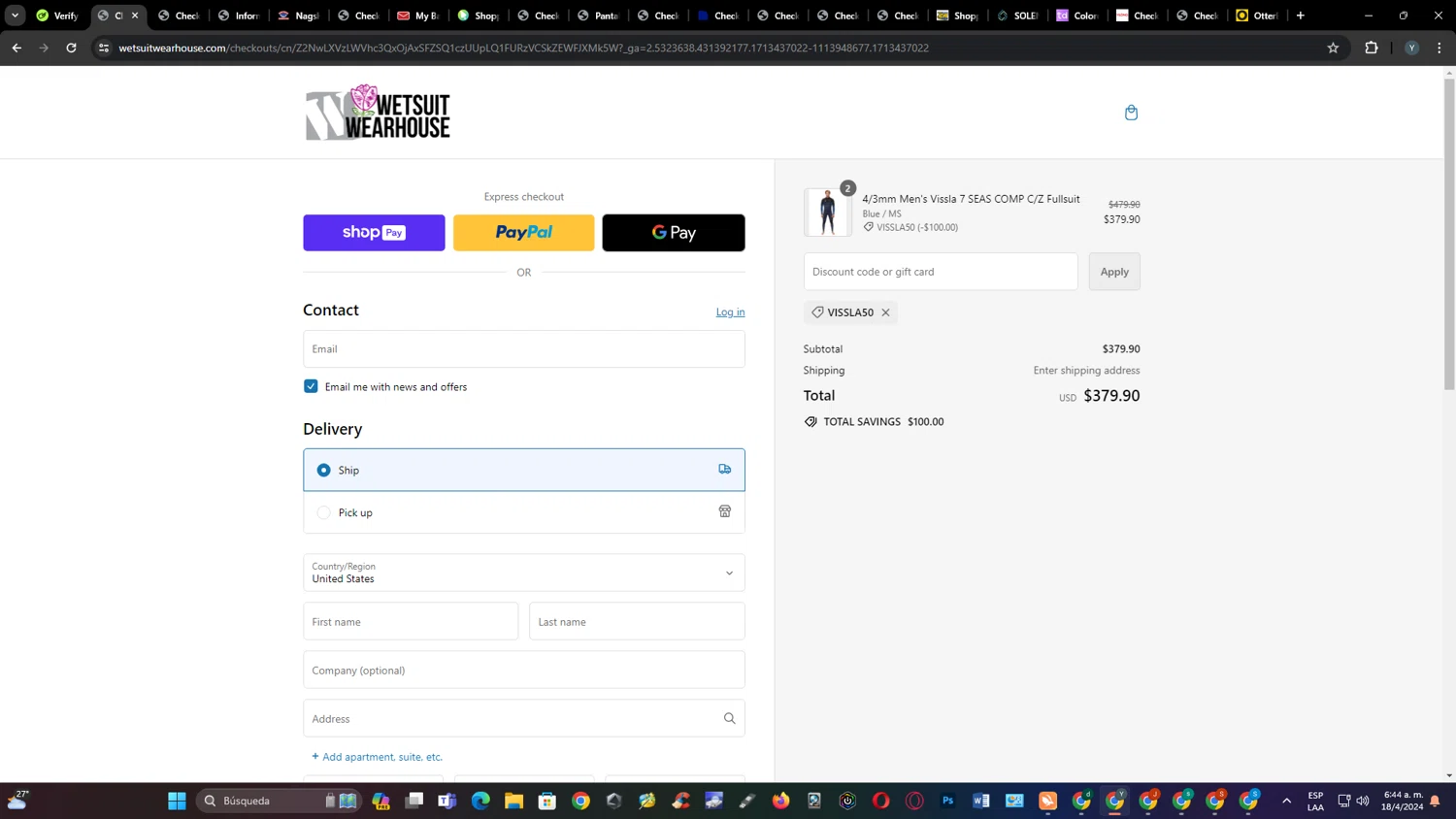 Wetsuit Wearhouse checkout page showing Wetsuit Wearhouse promo code box | Screenshot taken by SimplyCodes community member on Apr 18, 2024