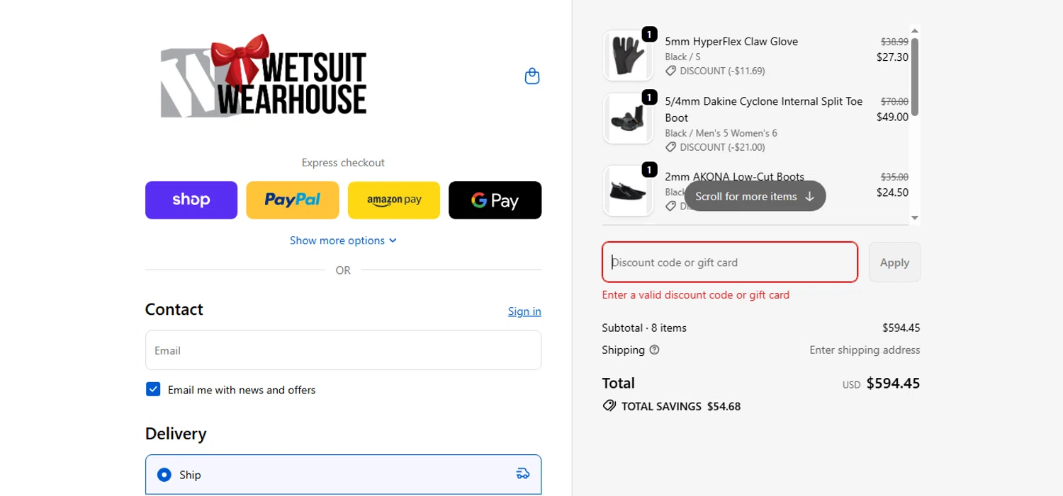 Wetsuit Wearhouse promo code screenshot showing code SPRINGBREAK24 applied at Wetsuit Wearhouse checkout page. Uploaded by SimplyCodes community member CashAce9852 on Jan 6, 2026