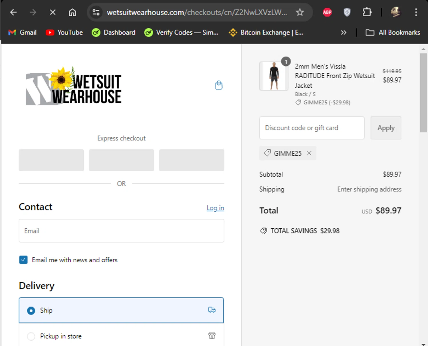 Wetsuit Wearhouse checkout page showing Wetsuit Wearhouse promo code box | Screenshot taken by SimplyCodes community member on Sep 22, 2024