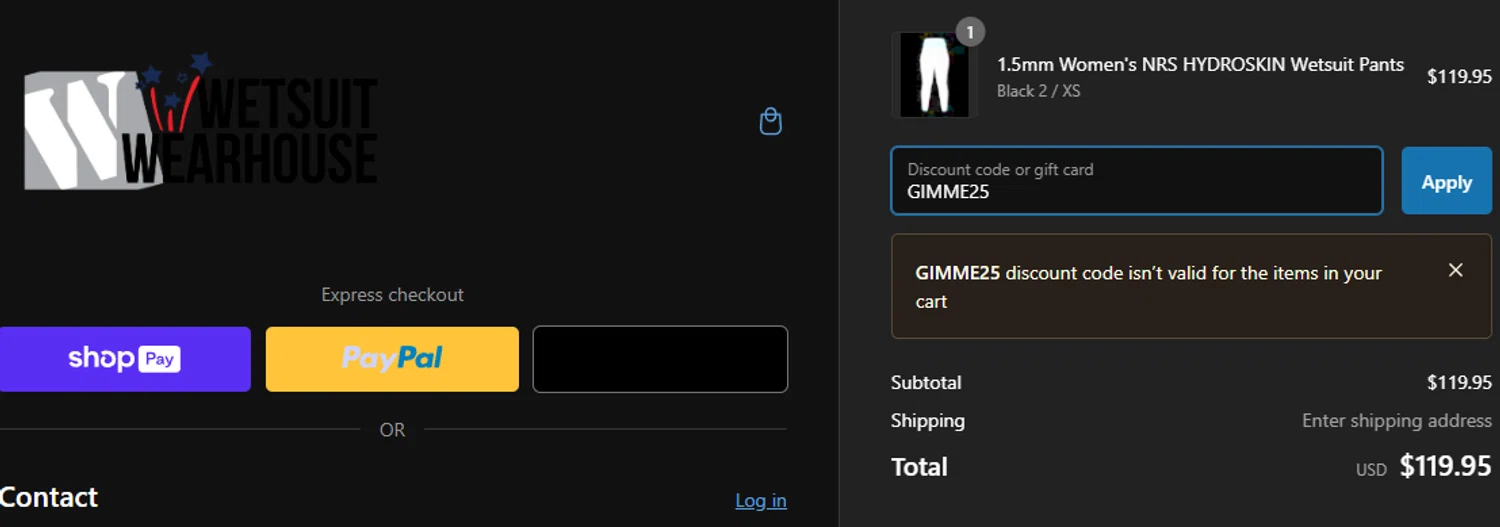 Wetsuit Wearhouse checkout page showing Wetsuit Wearhouse promo code box | Screenshot taken by SimplyCodes community member on Jun 26, 2024