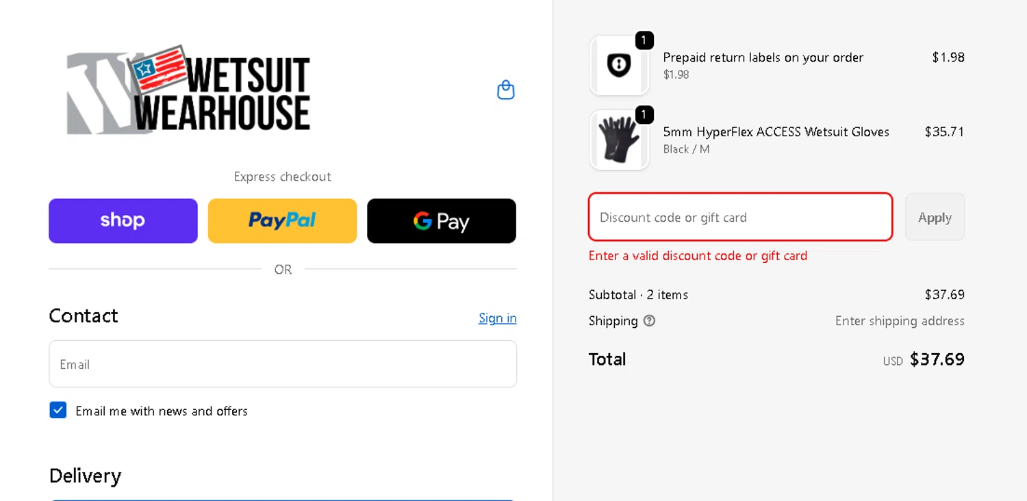 Wetsuit Wearhouse promo code screenshot showing code drylock25 applied at Wetsuit Wearhouse checkout page. Uploaded by SimplyCodes community member CRYSTALSUICINE on Nov 4, 2025