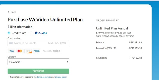 WeVideo checkout page showing WeVideo promo code box | Screenshot taken by SimplyCodes community member on Oct 17, 2022