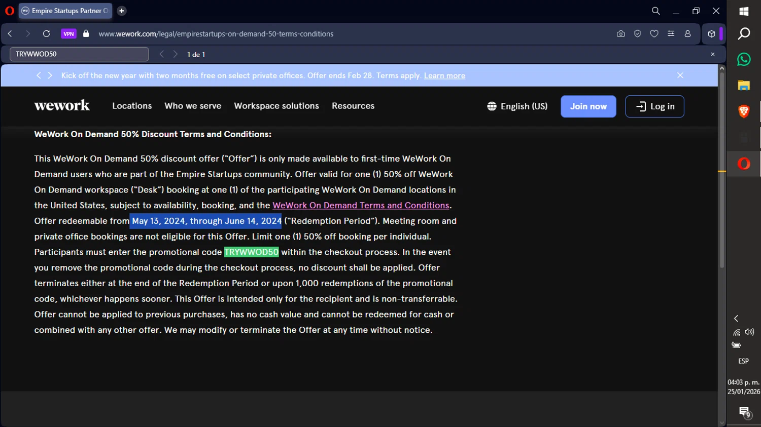 Wework promo code screenshot showing code TRYWWOD50 applied at Wework checkout page. Uploaded by SimplyCodes community member xXdevoragoticas69Xx on Jan 25, 2026
