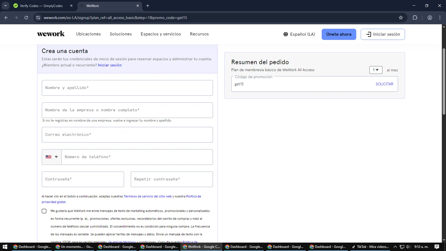 Wework promo code screenshot showing code get15 applied at Wework checkout page. Uploaded by SimplyCodes community member CouponGuardian8137 on Jan 2, 2026