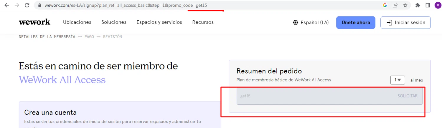 Wework promo code screenshot showing code get15 applied at Wework checkout page. Uploaded by SimplyCodes community member Alofoke on Jan 9, 2026