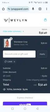 Cami coupon verification screenshot