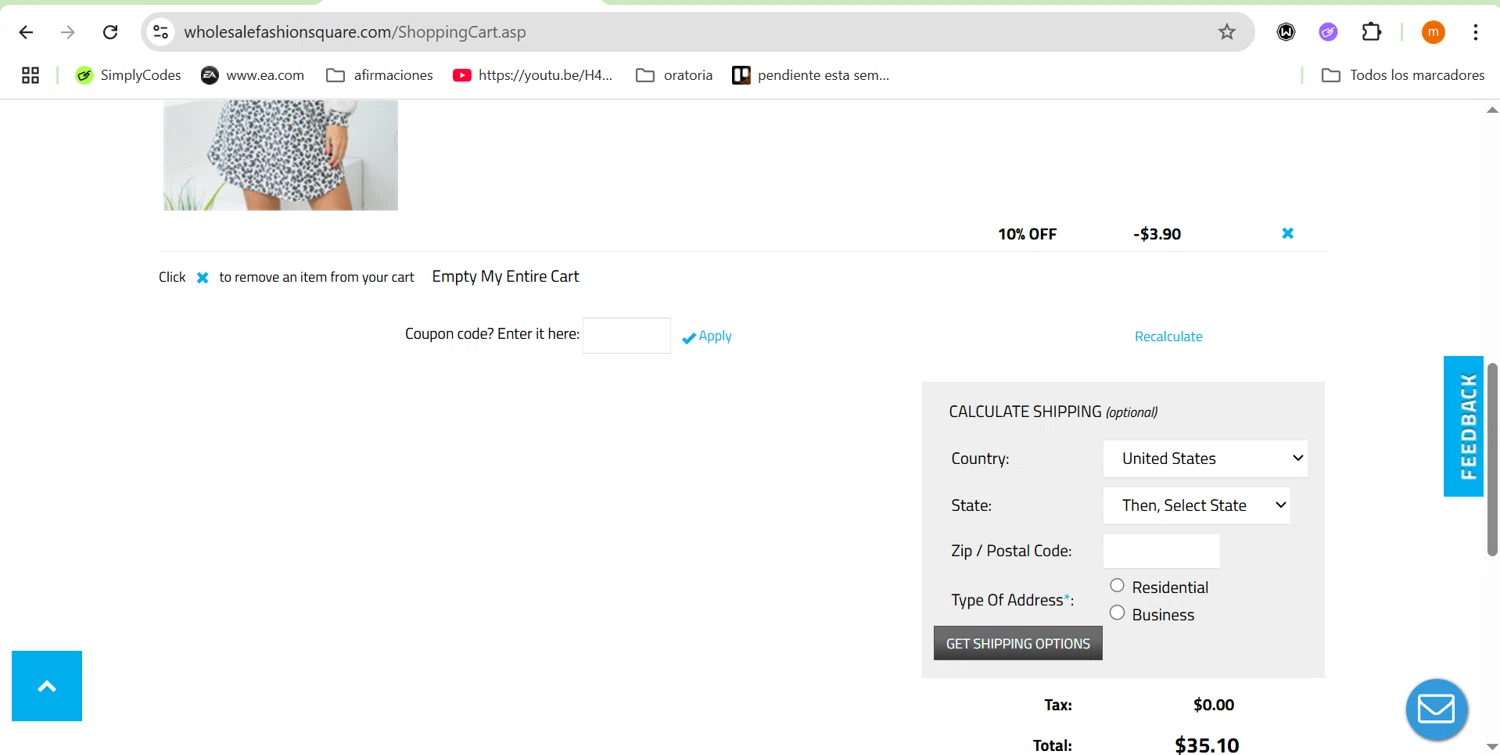 Wholesale Fashion Square checkout page showing Wholesale Fashion Square promo code box | Screenshot taken by SimplyCodes community member on Jun 16, 2025