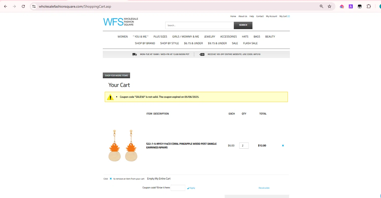 Wholesale Fashion Square promo code screenshot showing code SALE50 applied at Wholesale Fashion Square checkout page. Uploaded by SimplyCodes community member Teamgorila on May 11, 2025