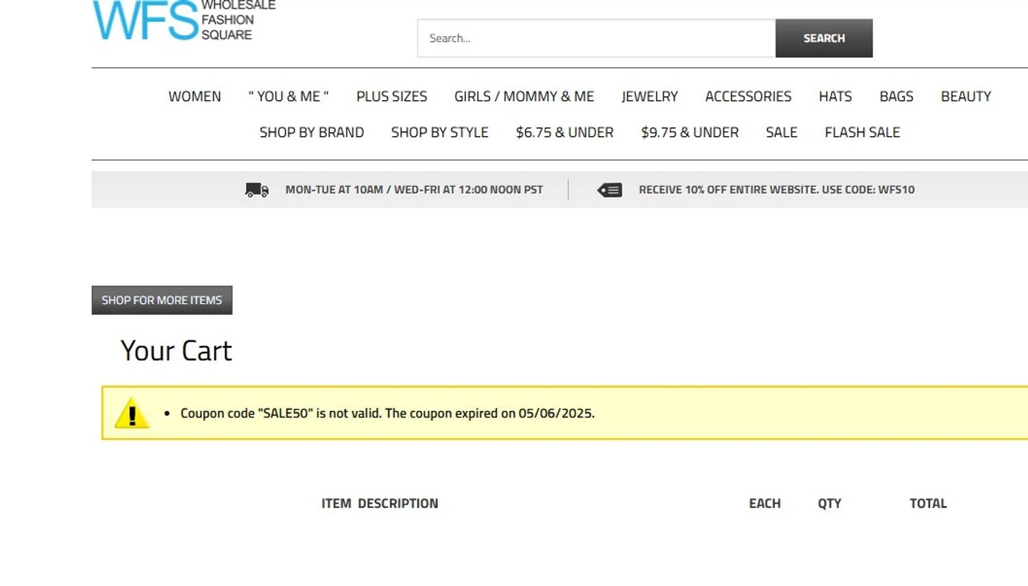 Wholesale Fashion Square promo code screenshot showing code SALE50 applied at Wholesale Fashion Square checkout page. Uploaded by SimplyCodes community member Olorinnnnn on May 11, 2025