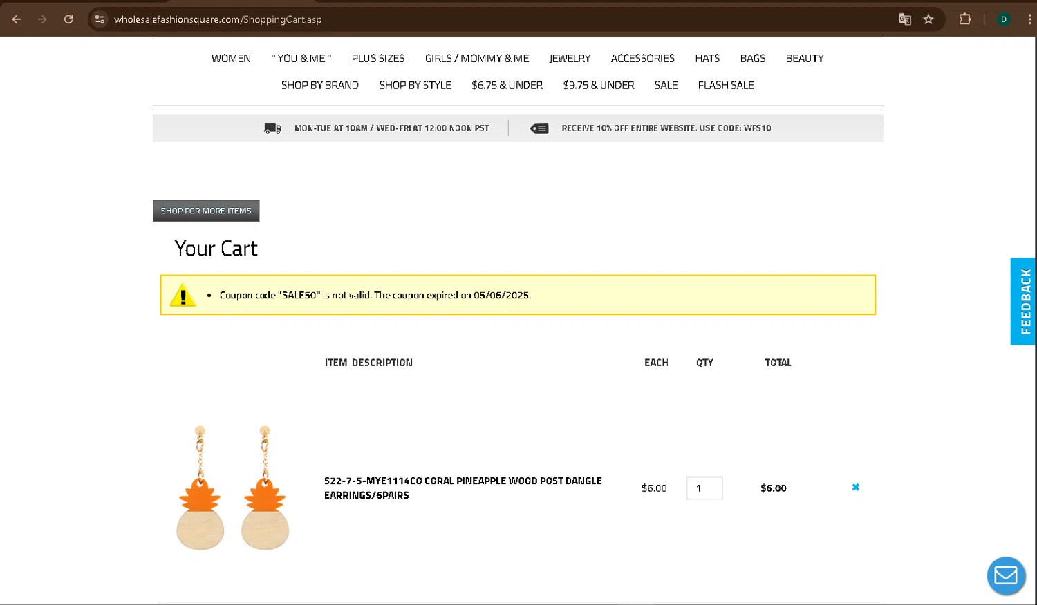 Wholesale Fashion Square promo code screenshot showing code SALE50 applied at Wholesale Fashion Square checkout page. Uploaded by SimplyCodes community member drevin007 on May 11, 2025