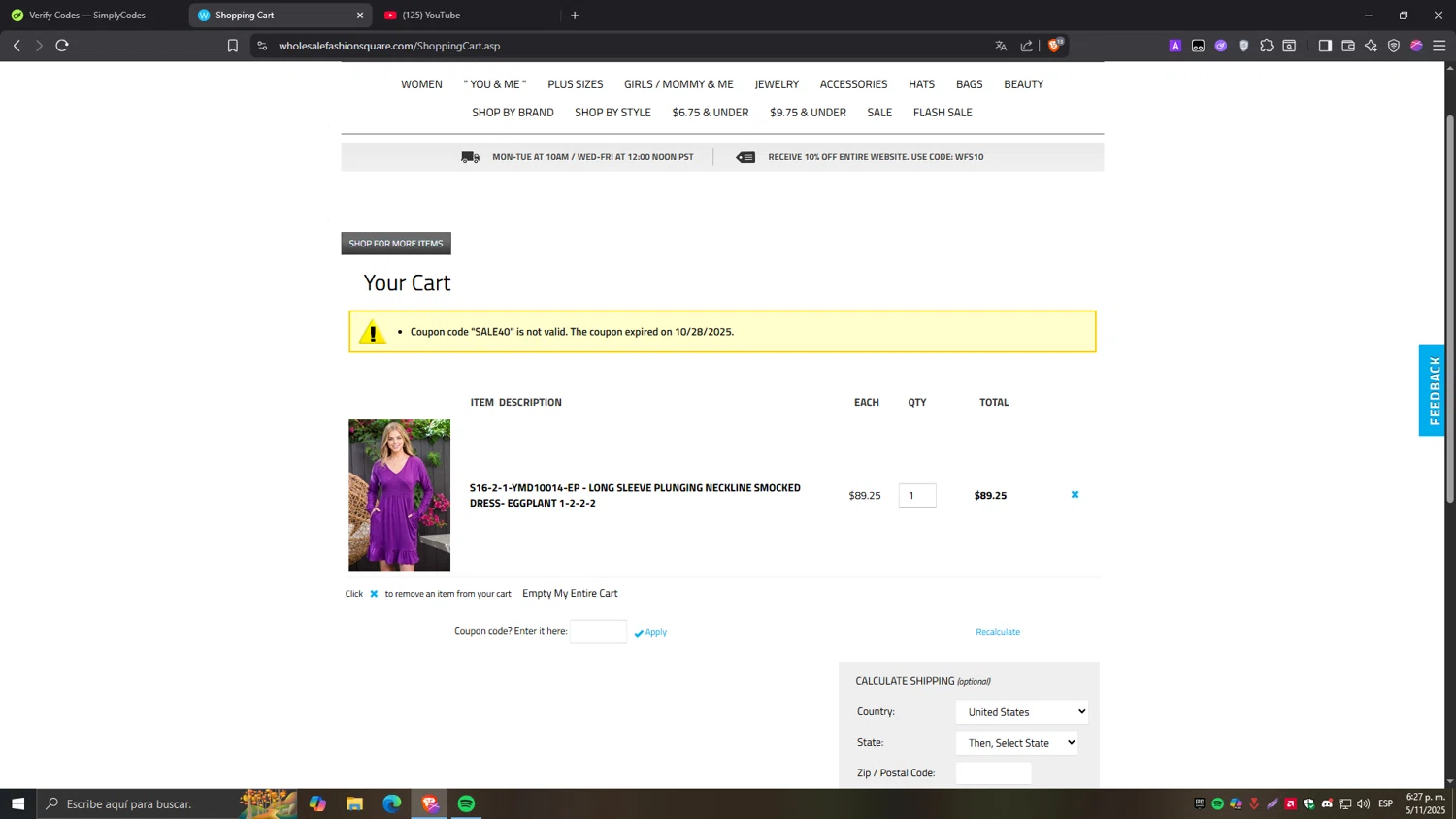 Wholesale Fashion Square promo code screenshot showing code sale40 applied at Wholesale Fashion Square checkout page. Uploaded by SimplyCodes community member Tragedy on Nov 5, 2025
