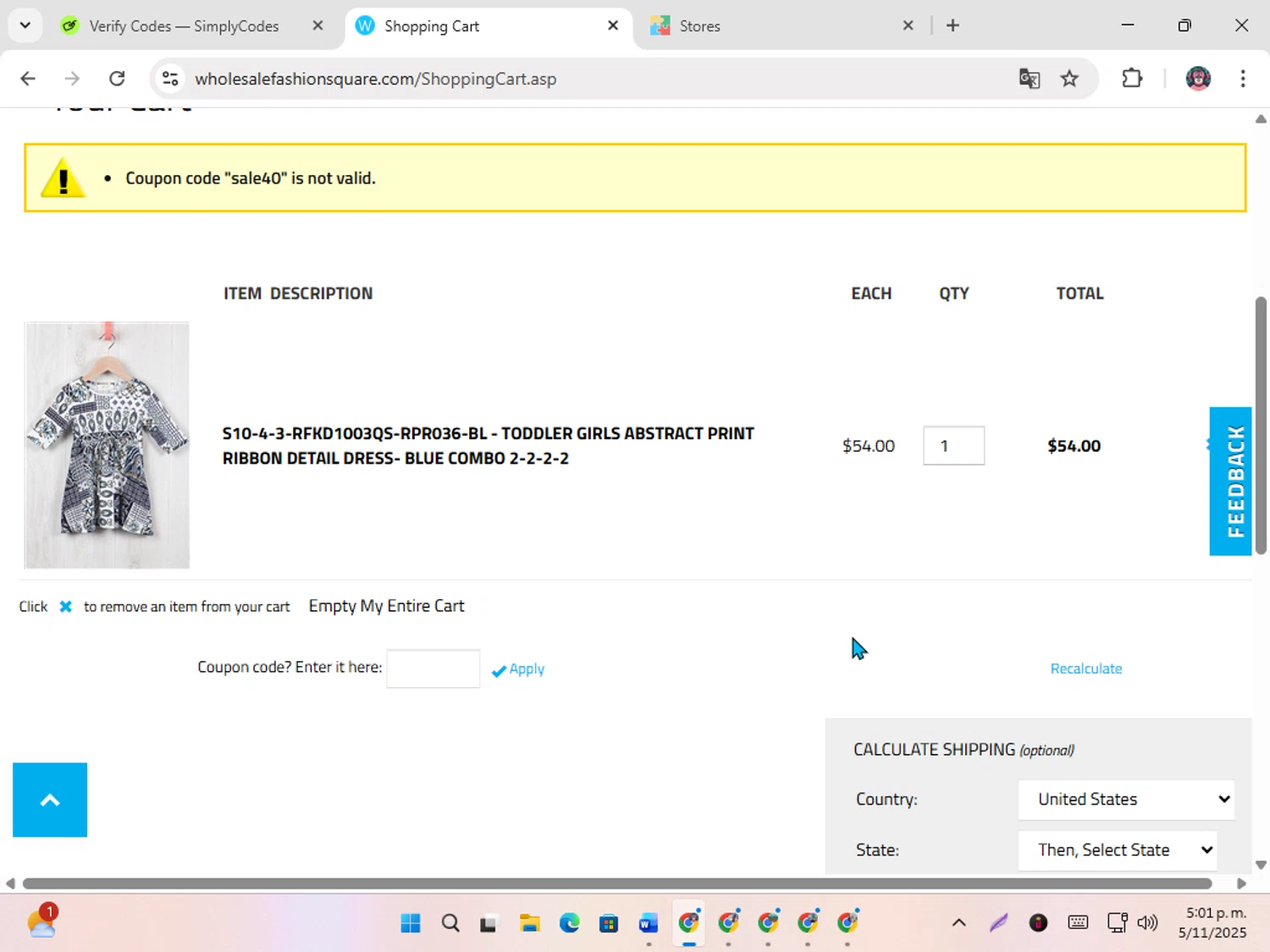 Wholesale Fashion Square promo code screenshot showing code sale40 applied at Wholesale Fashion Square checkout page. Uploaded by SimplyCodes community member karoline on Nov 5, 2025