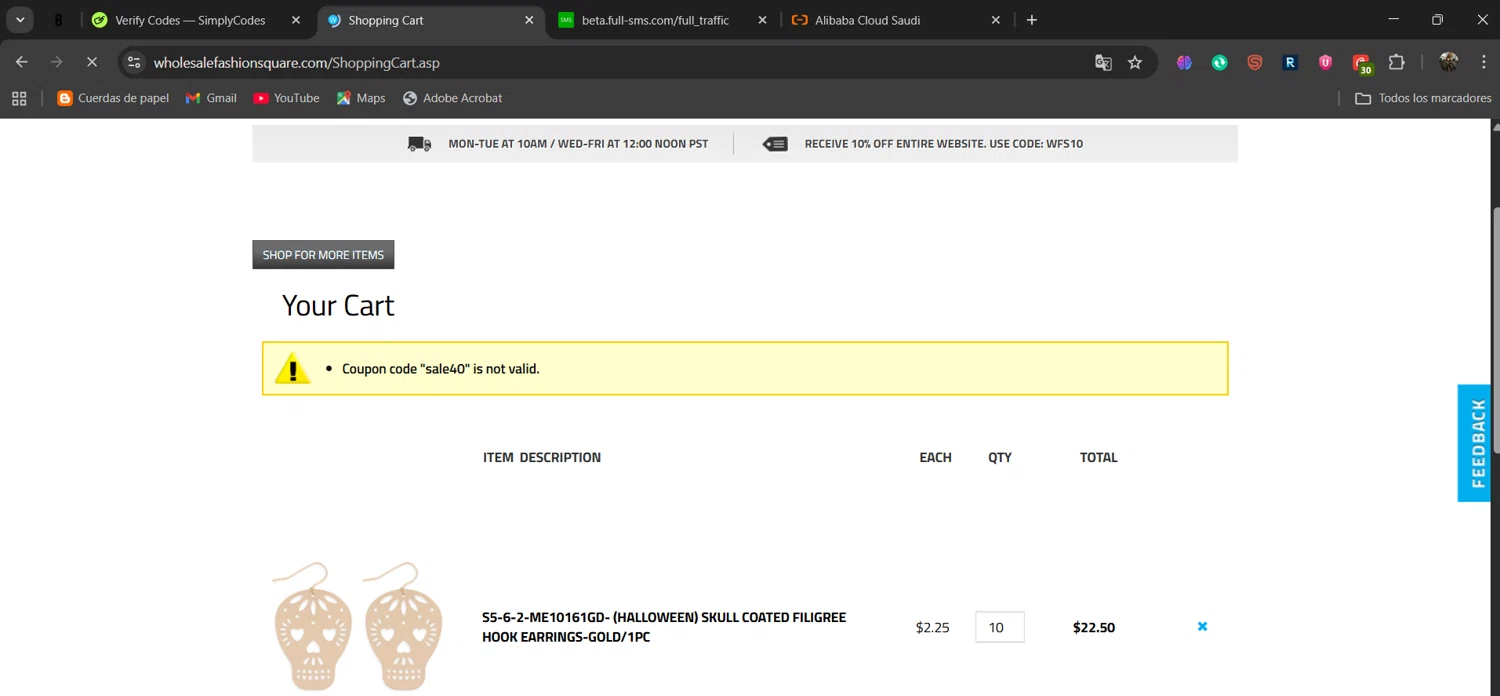 Wholesale Fashion Square promo code screenshot showing code sale40 applied at Wholesale Fashion Square checkout page. Uploaded by SimplyCodes community member naimbethak on Nov 5, 2025
