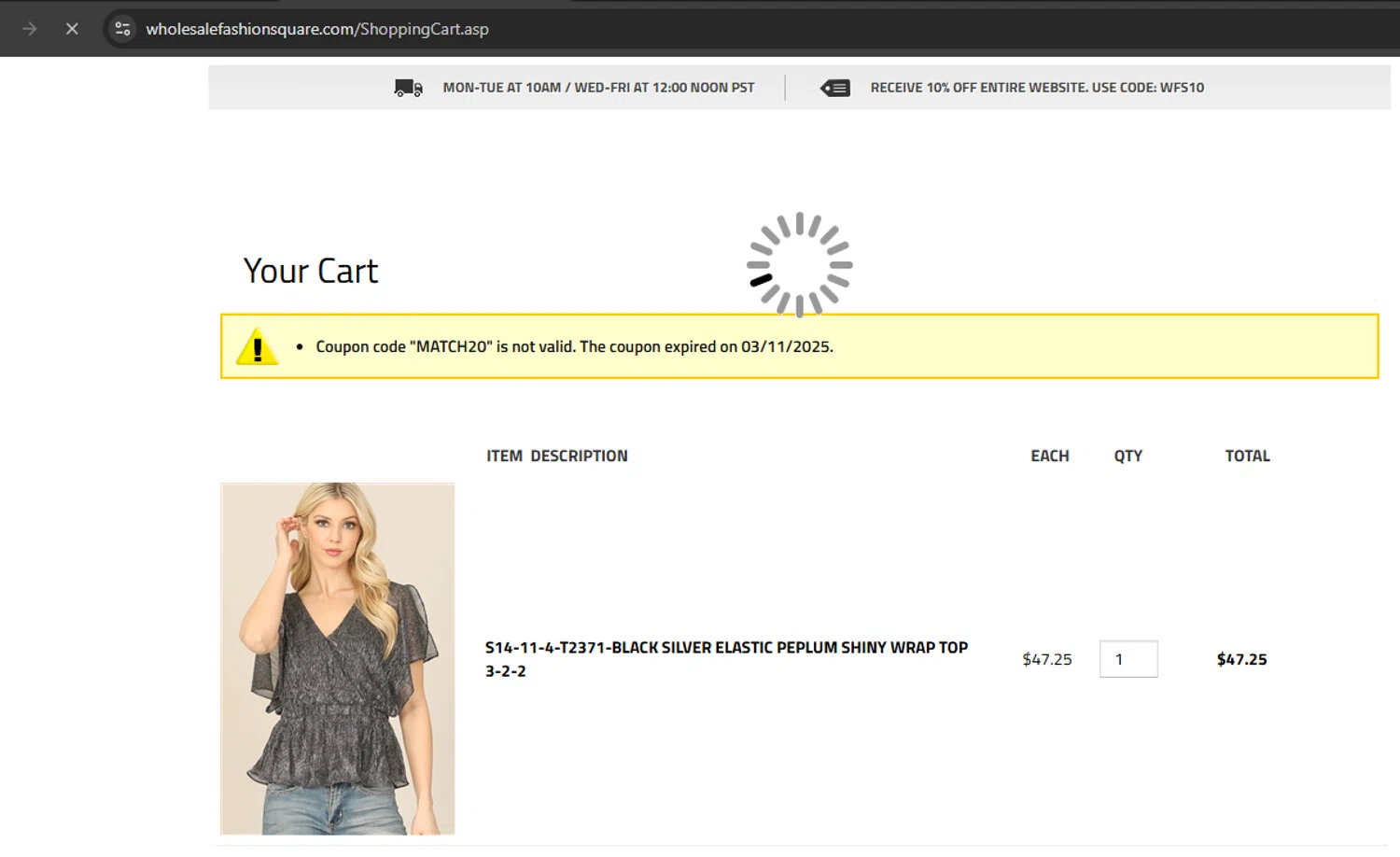 Wholesale Fashion Square promo code screenshot showing code MATCH20 applied at Wholesale Fashion Square checkout page. Uploaded by SimplyCodes community member Kony24 on Apr 9, 2025