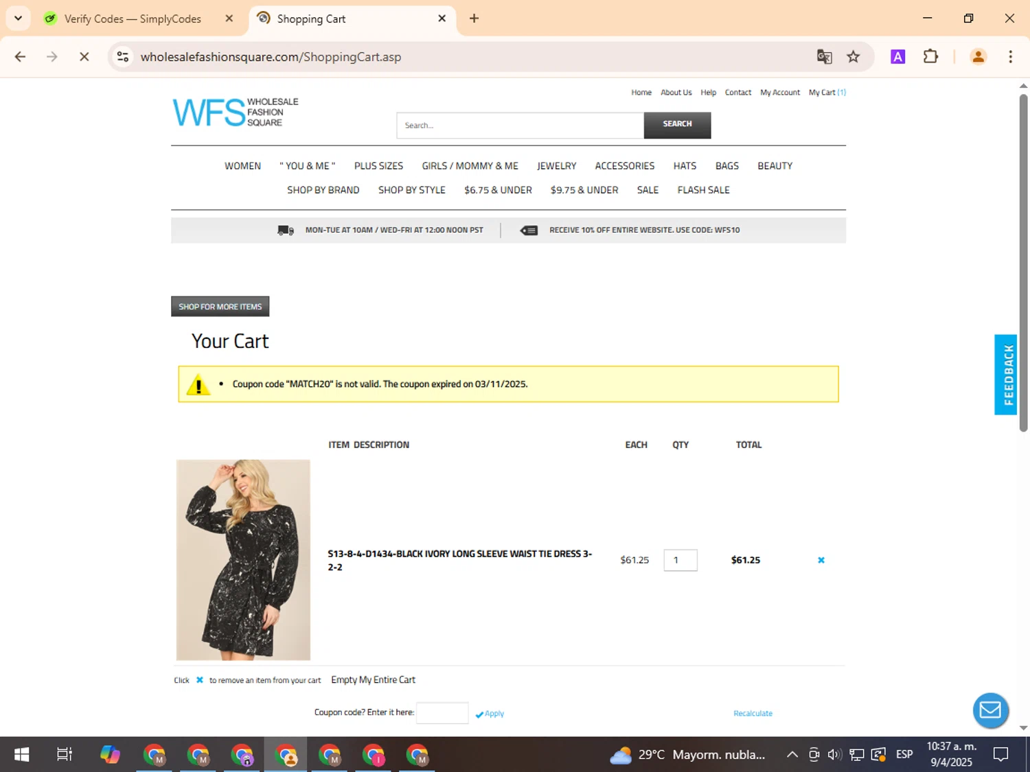 Wholesale Fashion Square promo code screenshot showing code MATCH20 applied at Wholesale Fashion Square checkout page. Uploaded by SimplyCodes community member TreasurePro466 on Apr 9, 2025