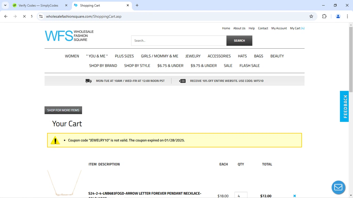 Wholesale Fashion Square promo code screenshot showing code JEWELRY10 applied at Wholesale Fashion Square checkout page. Uploaded by SimplyCodes community member Livingston on Feb 22, 2025