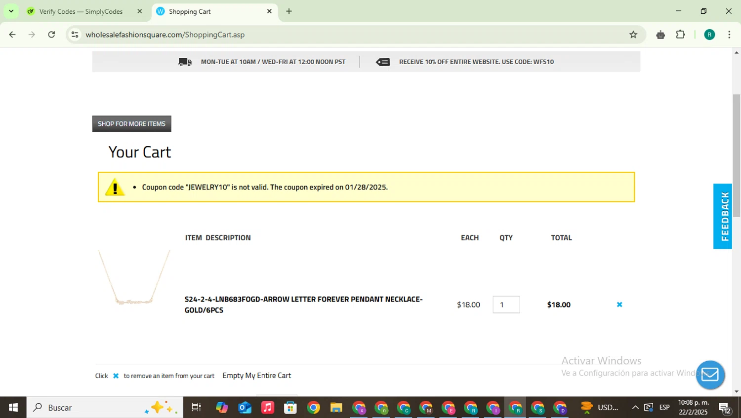 Wholesale Fashion Square promo code screenshot showing code JEWELRY10 applied at Wholesale Fashion Square checkout page. Uploaded by SimplyCodes community member SavingsLegend387 on Feb 23, 2025