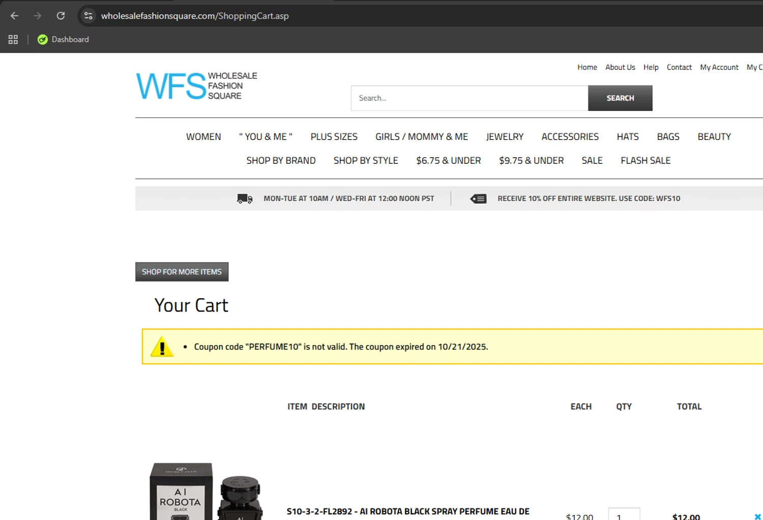 Wholesale Fashion Square promo code screenshot showing code perfume10 applied at Wholesale Fashion Square checkout page. Uploaded by SimplyCodes community member Limon02 on Nov 5, 2025
