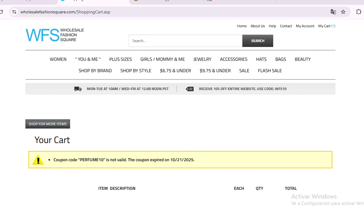 Wholesale Fashion Square promo code screenshot showing code perfume10 applied at Wholesale Fashion Square checkout page. Uploaded by SimplyCodes community member VictoriousFox7135 on Nov 5, 2025