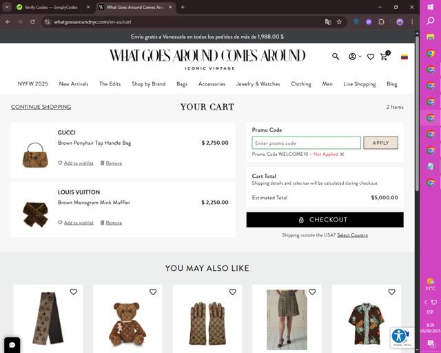 What Goes Around Comes Around checkout page showing What Goes Around Comes Around promo code box | Screenshot taken by SimplyCodes community member on Sep 3, 2025