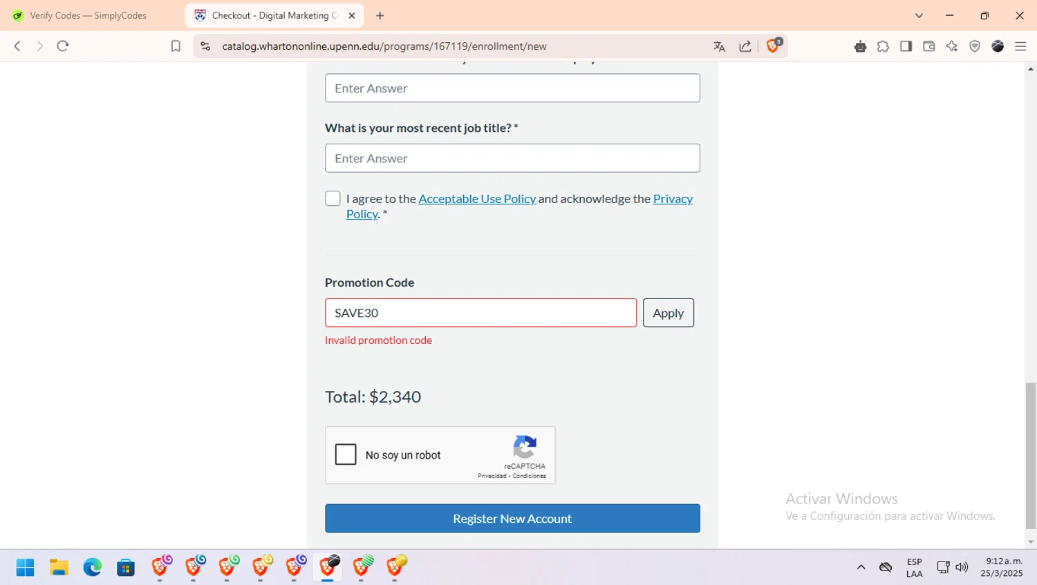 Wharton Online promo code screenshot showing code SAVE30 applied at Wharton Online checkout page. Uploaded by SimplyCodes community member bombardeen_vzla on Mar 25, 2025