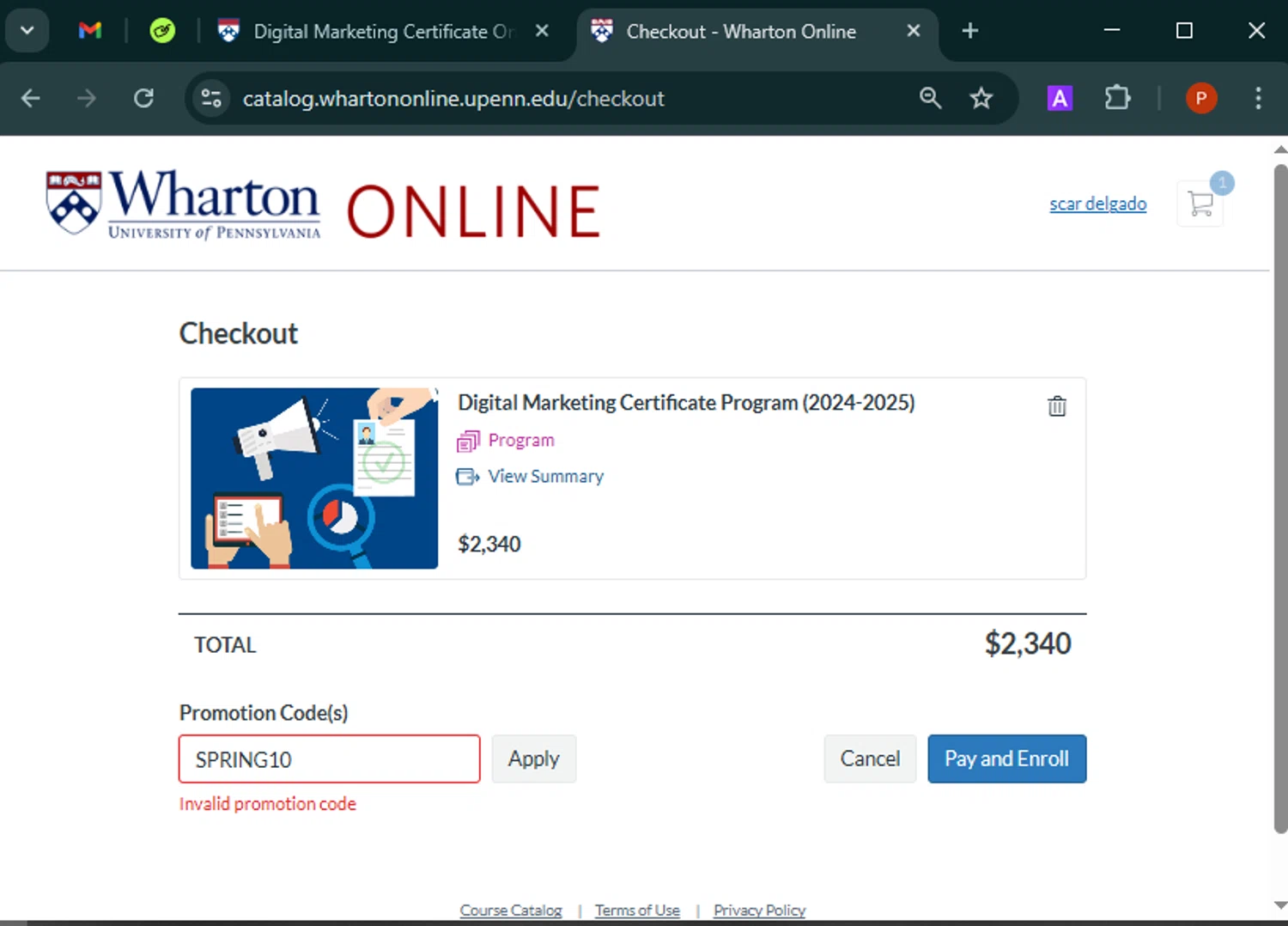 Wharton Online promo code screenshot showing code SPRING10 applied at Wharton Online checkout page. Uploaded by SimplyCodes community member Isabelle_adjanichamber on Mar 25, 2025
