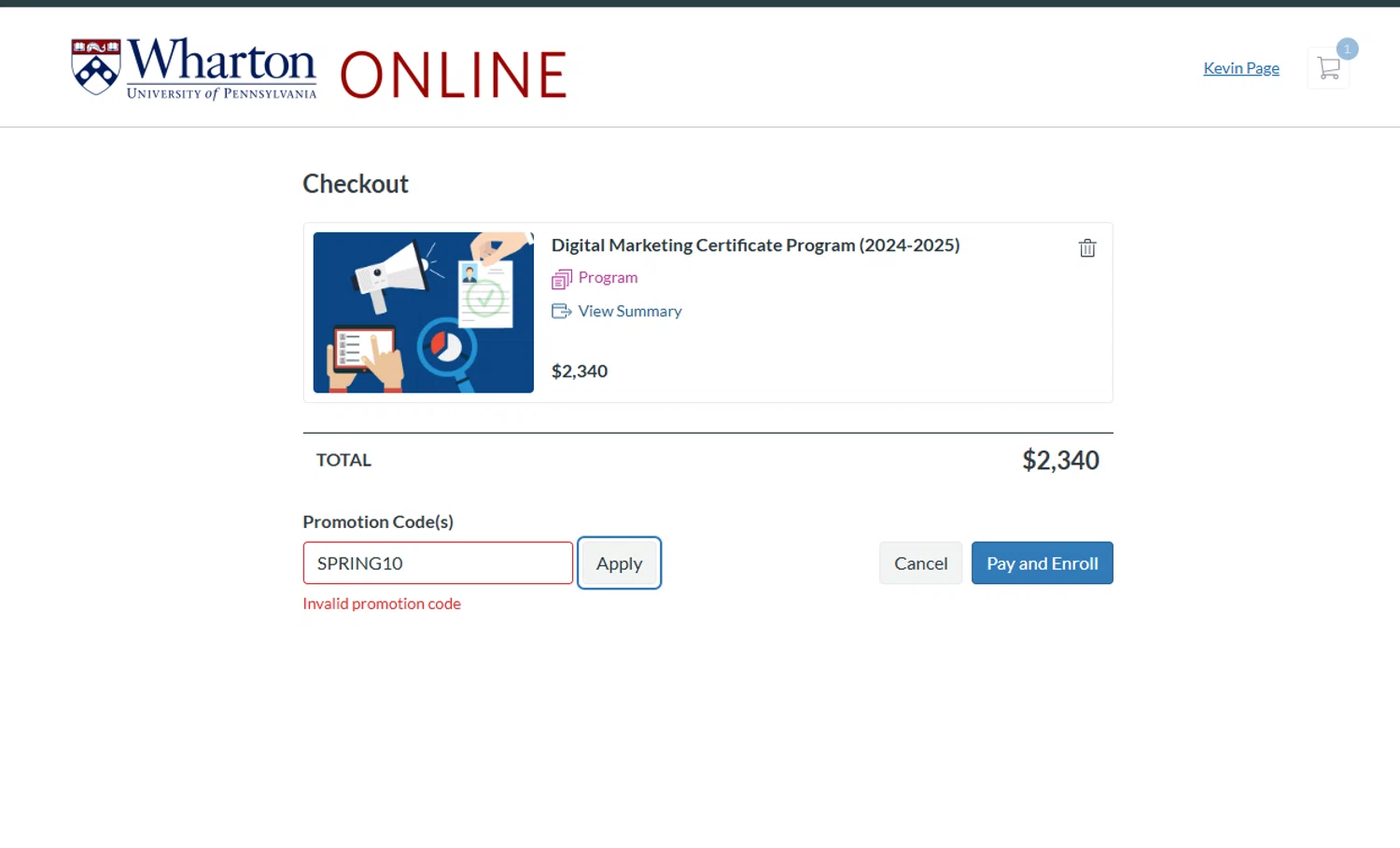 Wharton Online promo code screenshot showing code SPRING10 applied at Wharton Online checkout page. Uploaded by SimplyCodes community member KevLapage on Mar 25, 2025
